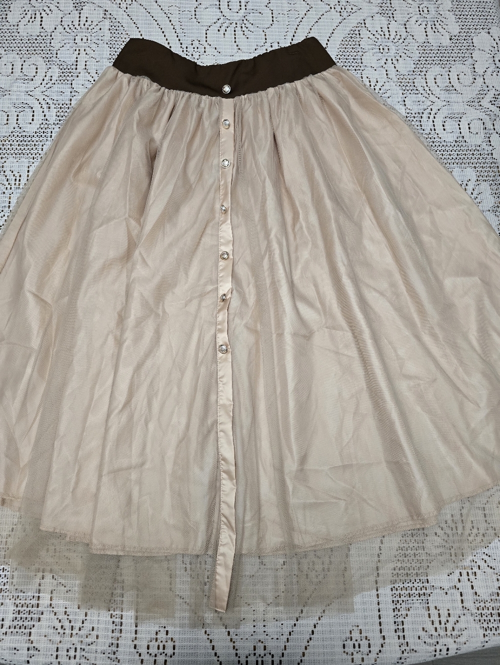 Women's Beige Tulle Button-Front Skirt with Brown Waistband